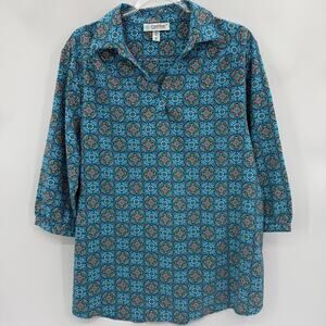 Coolibar Women's Teal & Blue Patterned Long Sleeve Collared Top